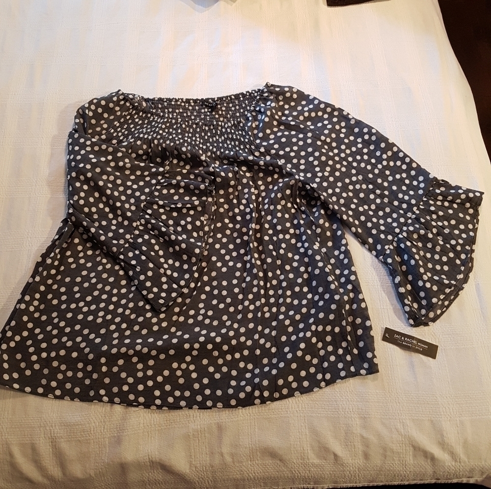 Zac & Rachel Woman, women's size 1X shimmery gray with white polka dot blouse